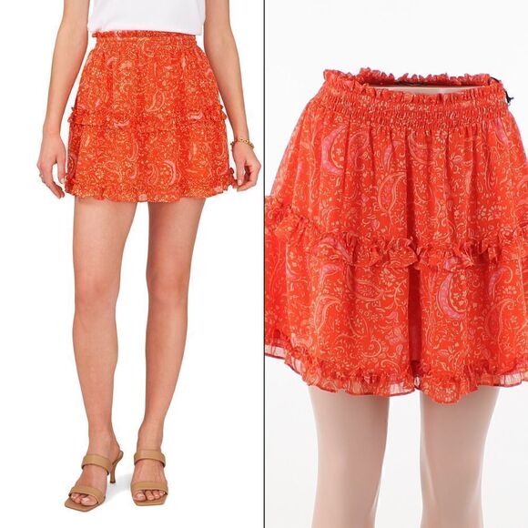 1.STATE Smock Waist Tiered Floral Miniskirt in Orange - Picture 1 of 5